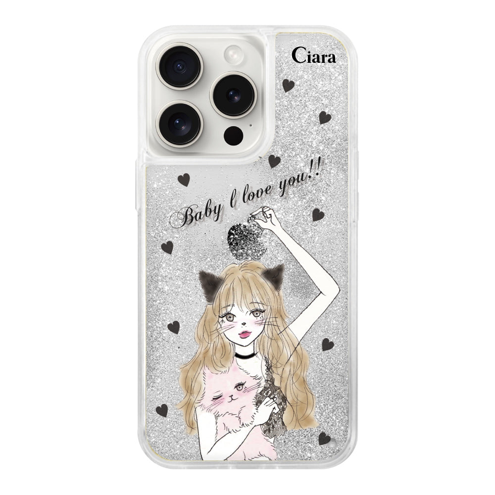 iPhone15ProMax グリッター オイルクリアケース ブラックキャットガール シルバー