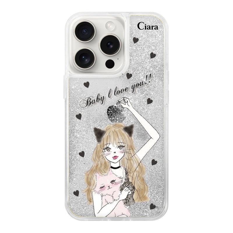 iPhoneケース グリッター オイルクリアケース ブラックキャットガール