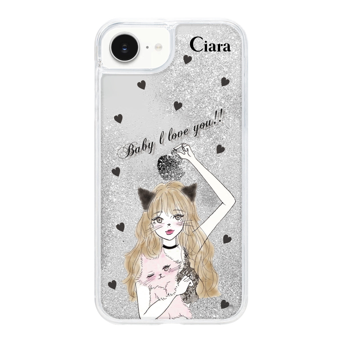 iPhoneケース グリッター オイルクリアケース ブラックキャットガール