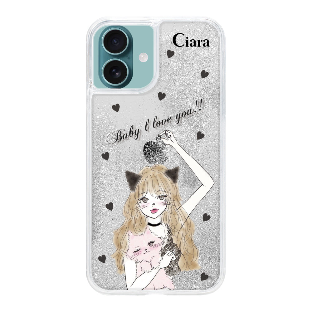 iPhone16Plus グリッター オイルクリアケース ブラックキャットガール シルバー