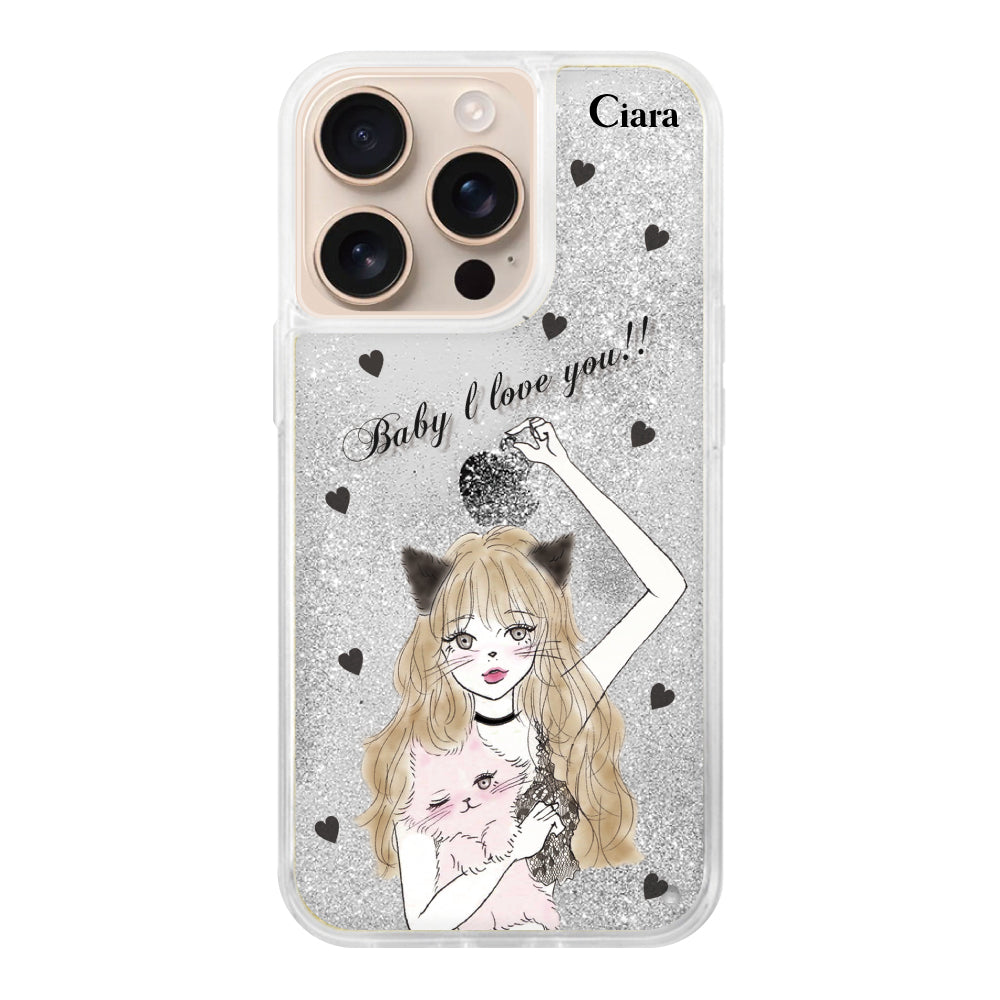 iPhone16Pro グリッター オイルクリアケース ブラックキャットガール シルバー