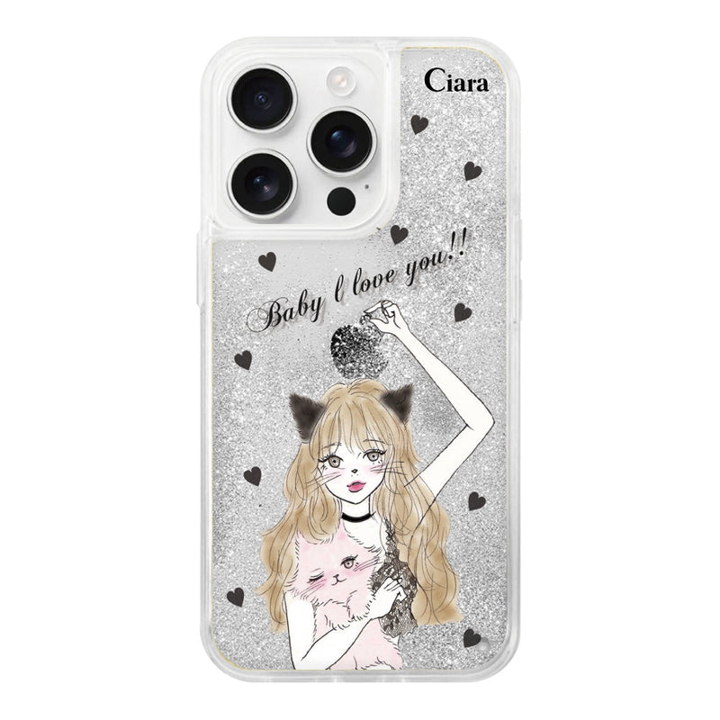 iPhoneケース グリッター オイルクリアケース ブラックキャットガール
