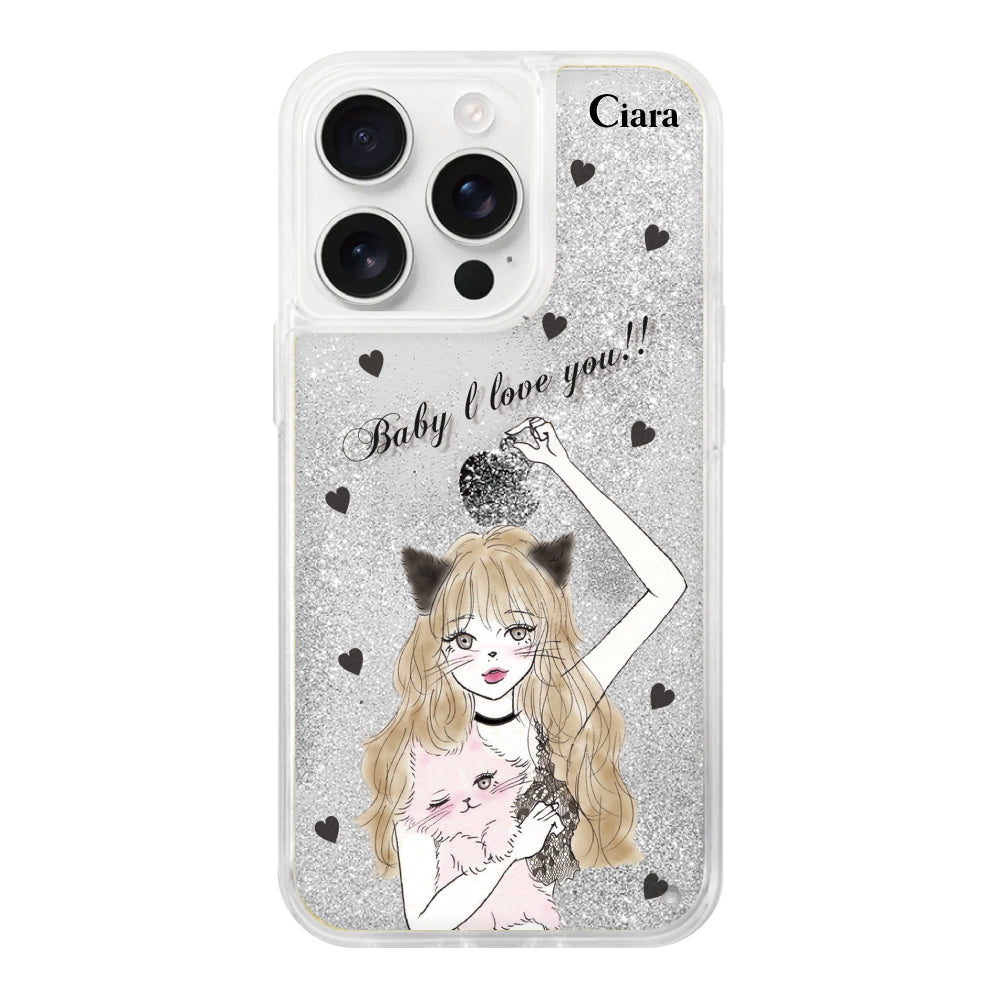 iPhone16ProMax グリッター オイルクリアケース ブラックキャットガール シルバー