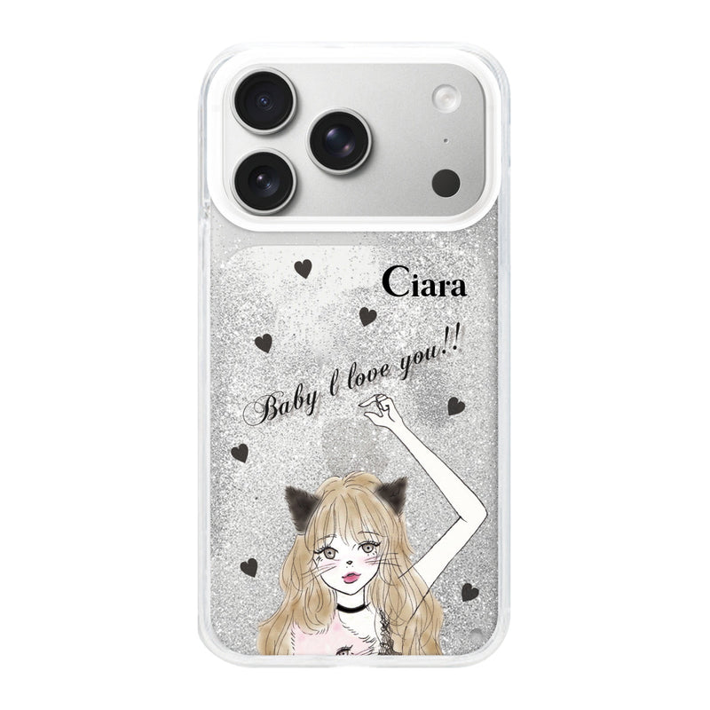 iPhoneケース グリッター オイルクリアケース ブラックキャットガール