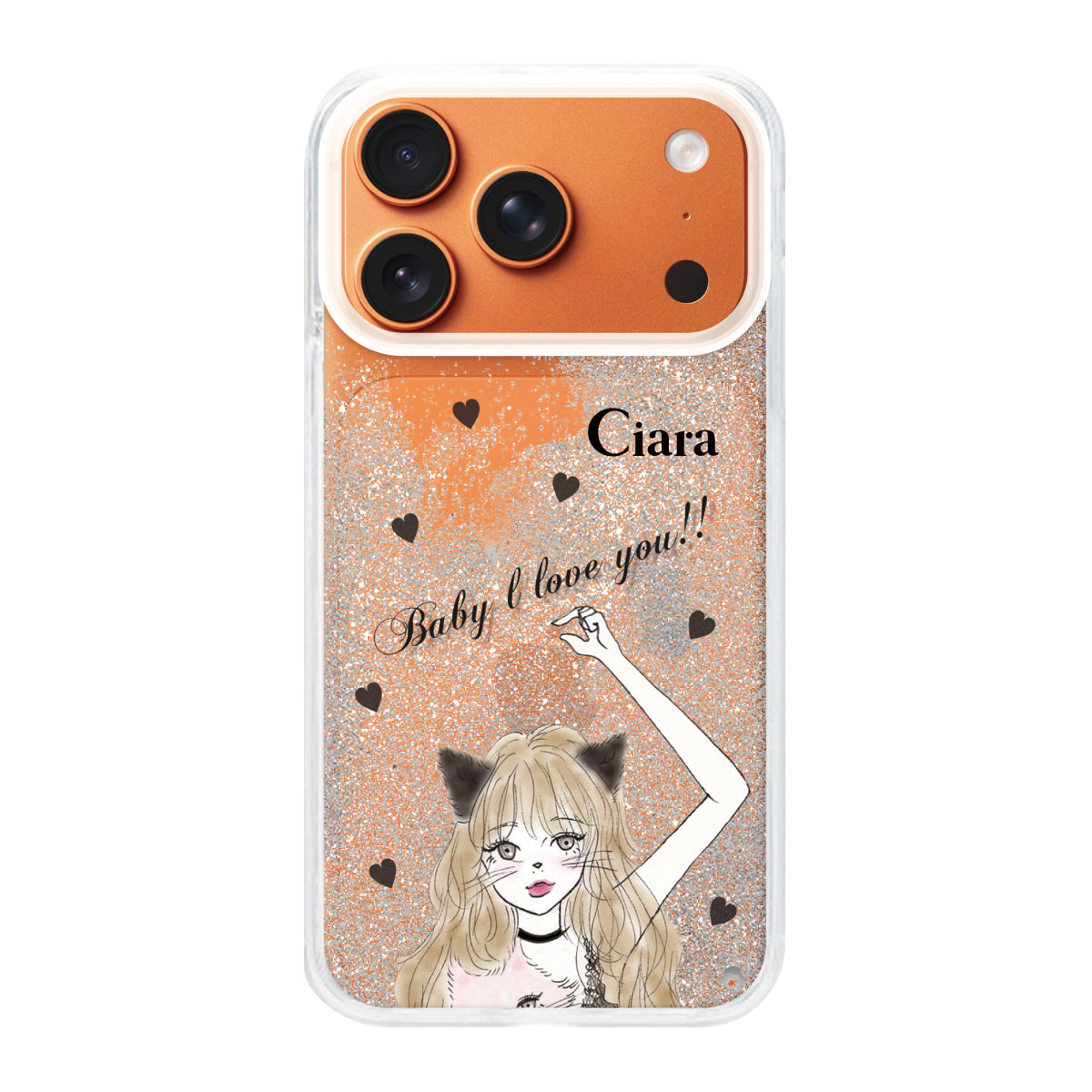 iPhone17ProMax グリッター オイルクリアケース ブラックキャットガール シルバー