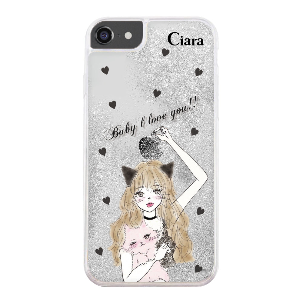 iPhone6/7/8 グリッター オイルクリアケース ブラックキャットガール シルバー