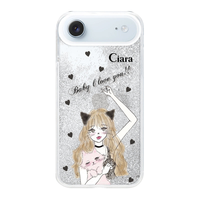 iPhoneケース グリッター オイルクリアケース ブラックキャットガール