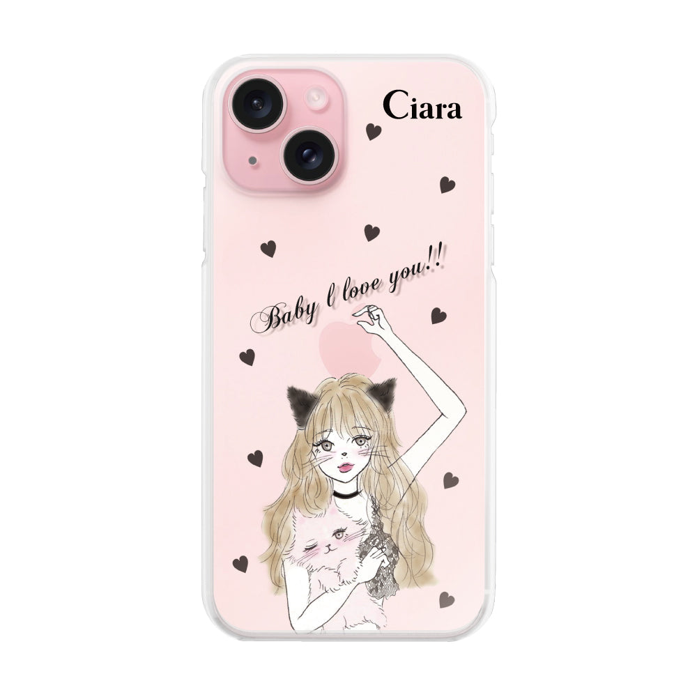 iPhone15 ハイブリッド クリアケース ブラックキャットガール クリア