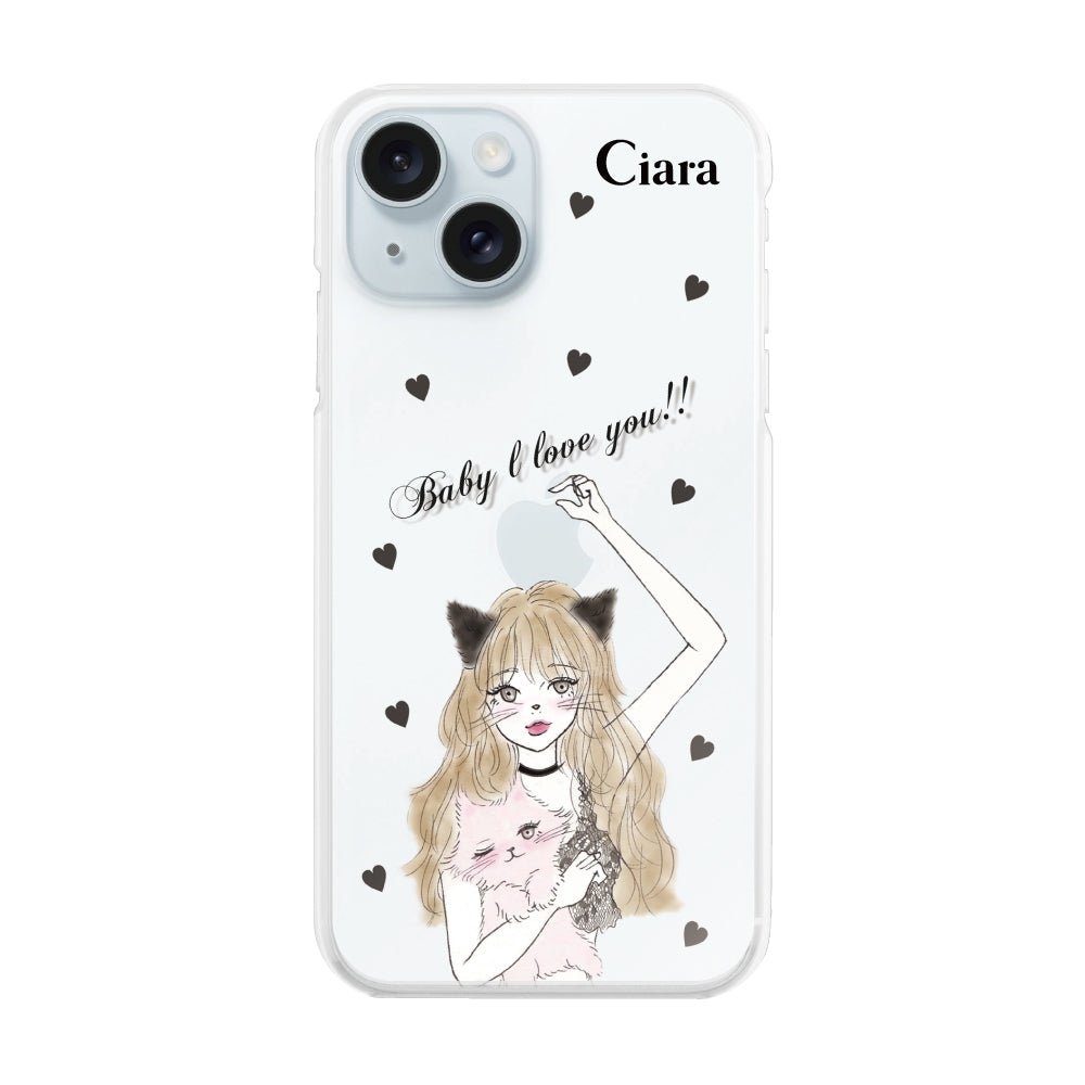 iPhone15Plus ハイブリッド クリアケース ブラックキャットガール クリア