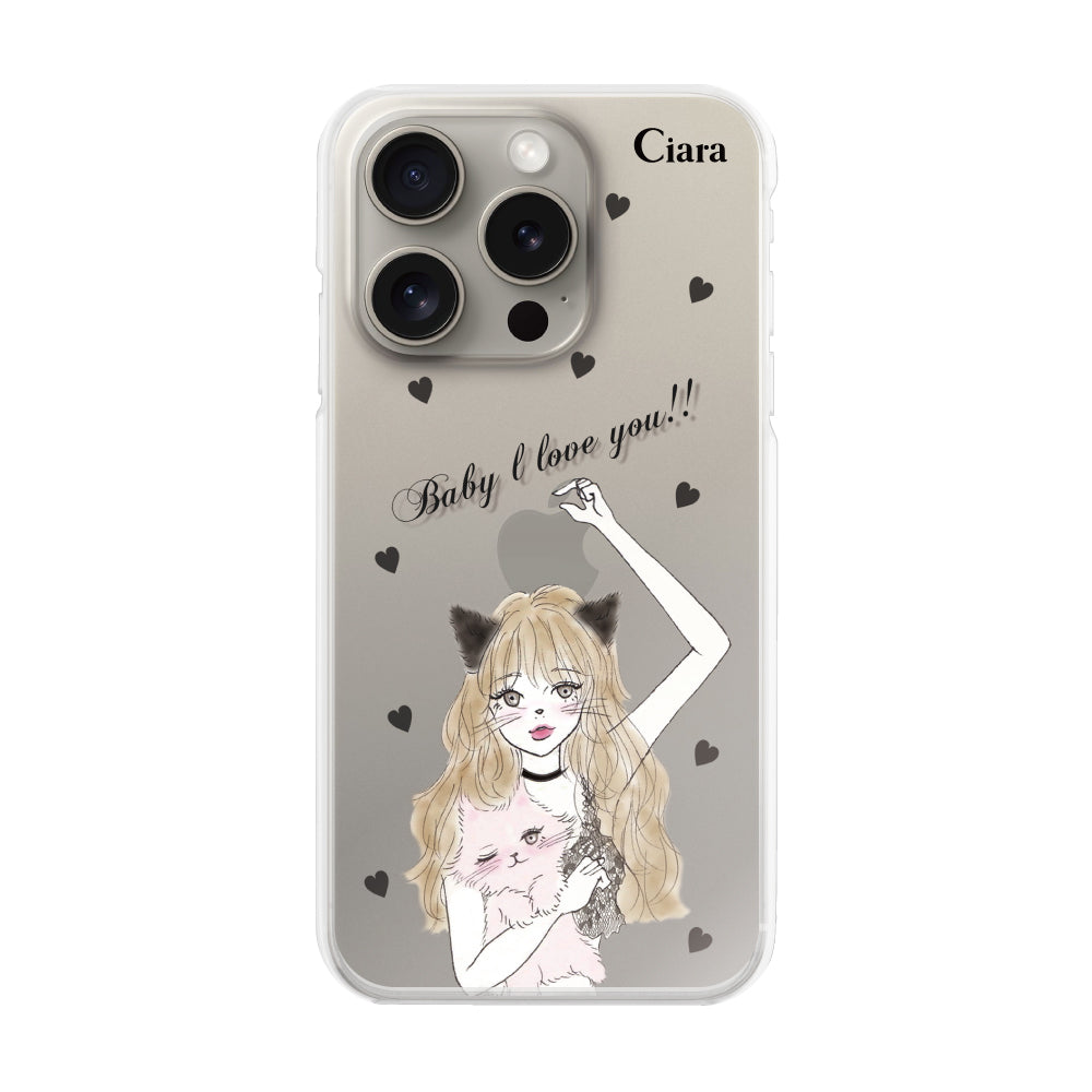 iPhone15Pro ハイブリッド クリアケース ブラックキャットガール クリア