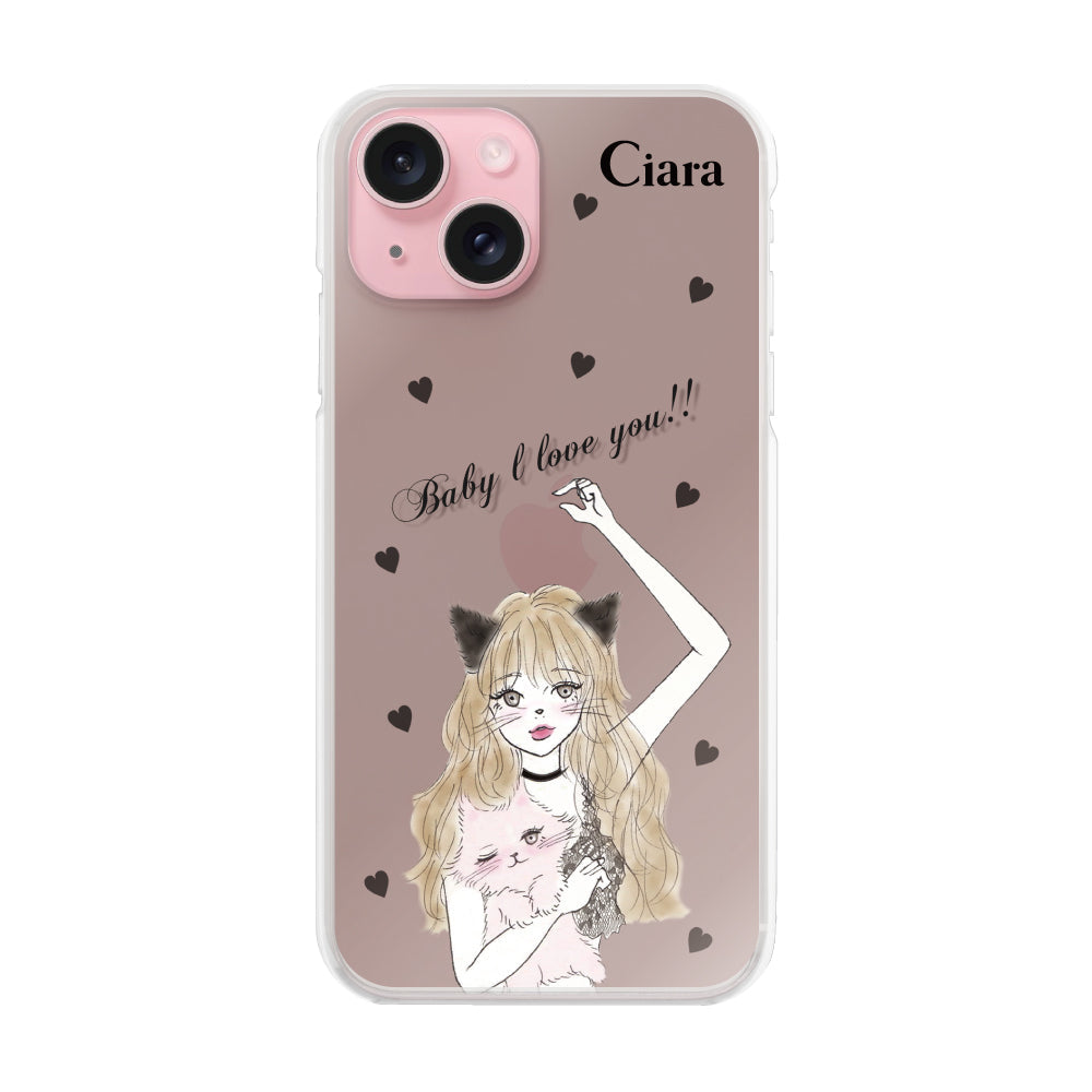 iPhone15 ハイブリッド クリアケース ブラックキャットガール ブラック