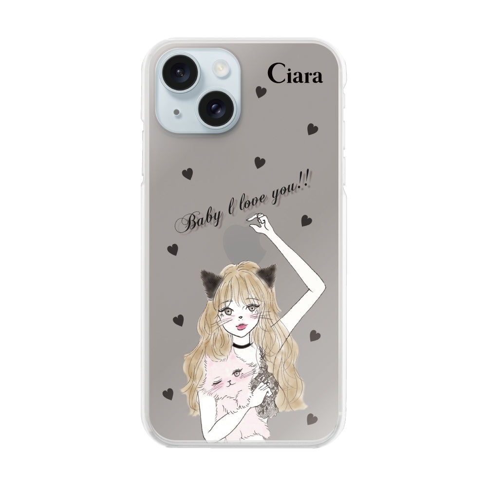 iPhone15Plus ハイブリッド クリアケース ブラックキャットガール ブラック
