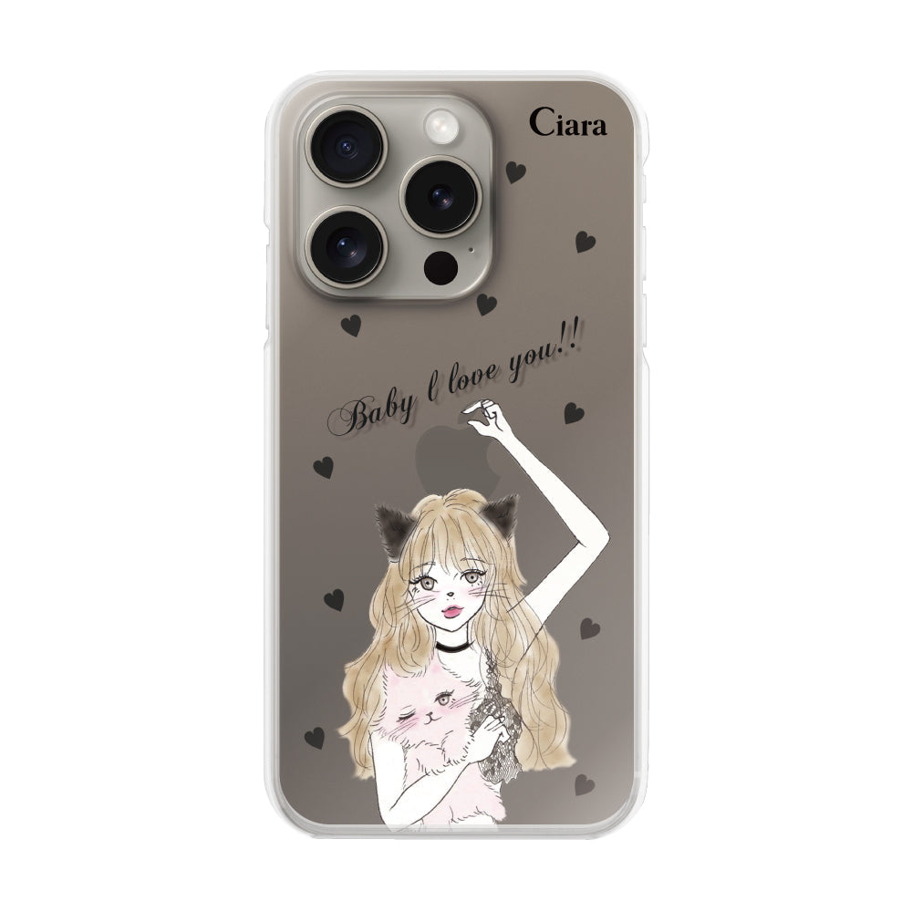 iPhone15Pro ハイブリッド クリアケース ブラックキャットガール ブラック