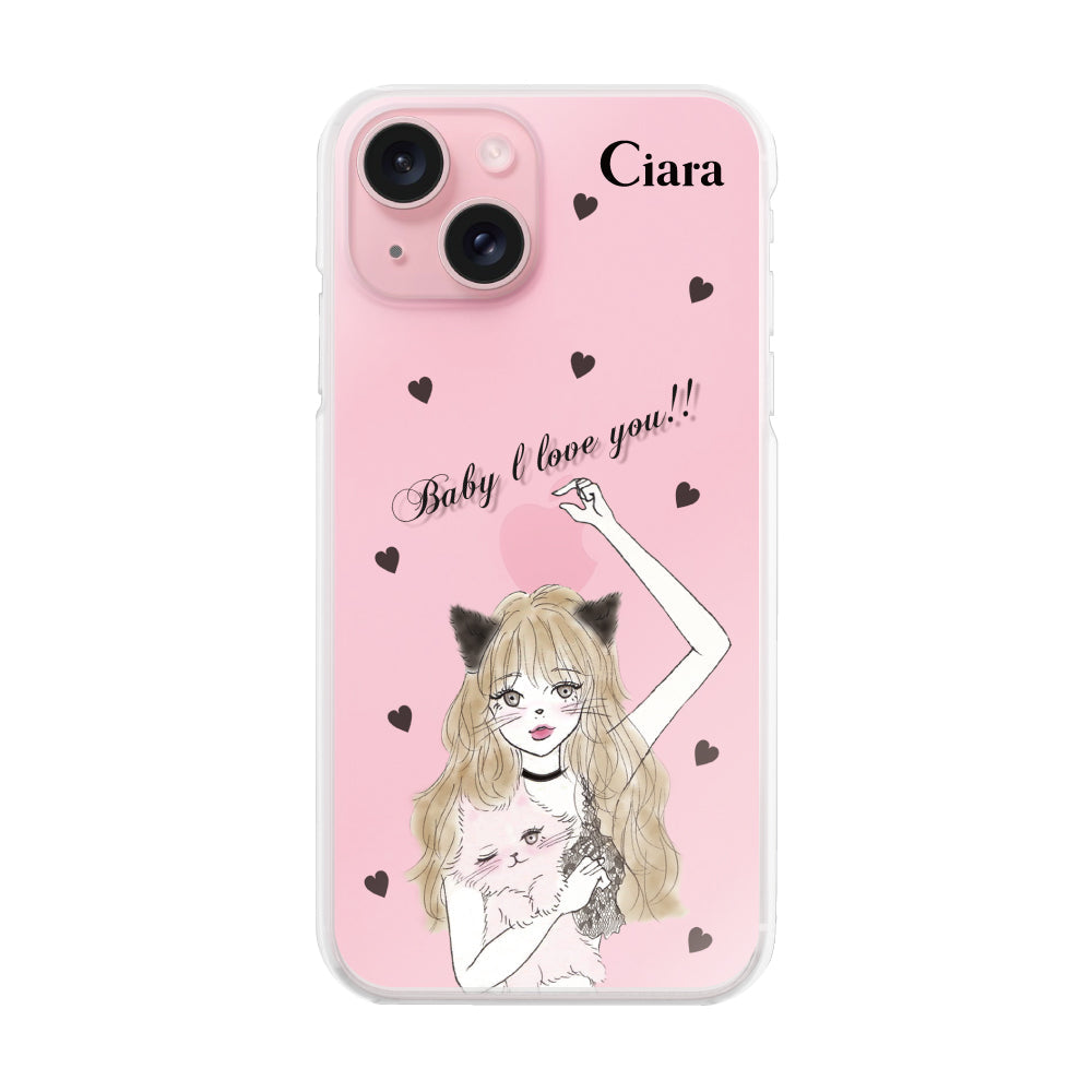 iPhone15 ハイブリッド クリアケース ブラックキャットガール ピンク