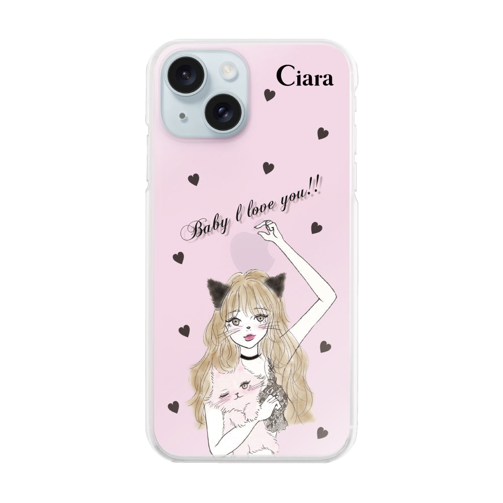 iPhone15Plus ハイブリッド クリアケース ブラックキャットガール ピンク