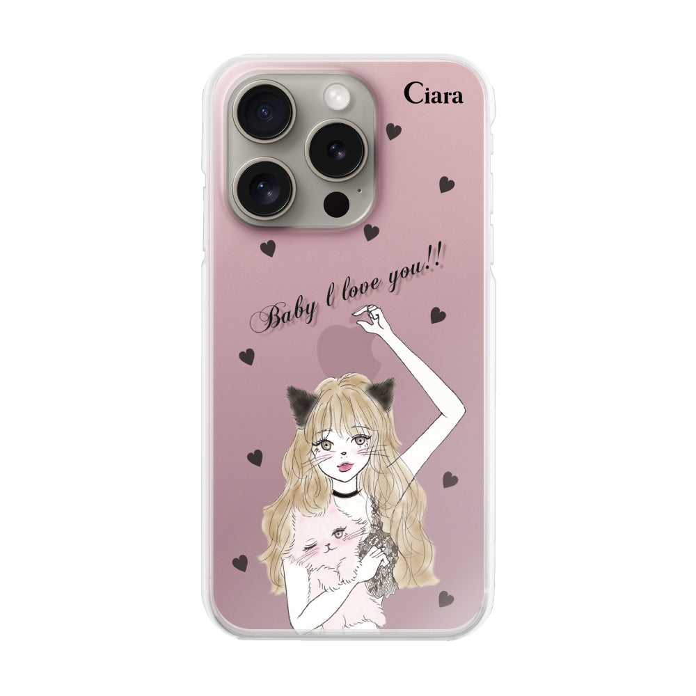 iPhone15Pro ハイブリッド クリアケース ブラックキャットガール ピンク