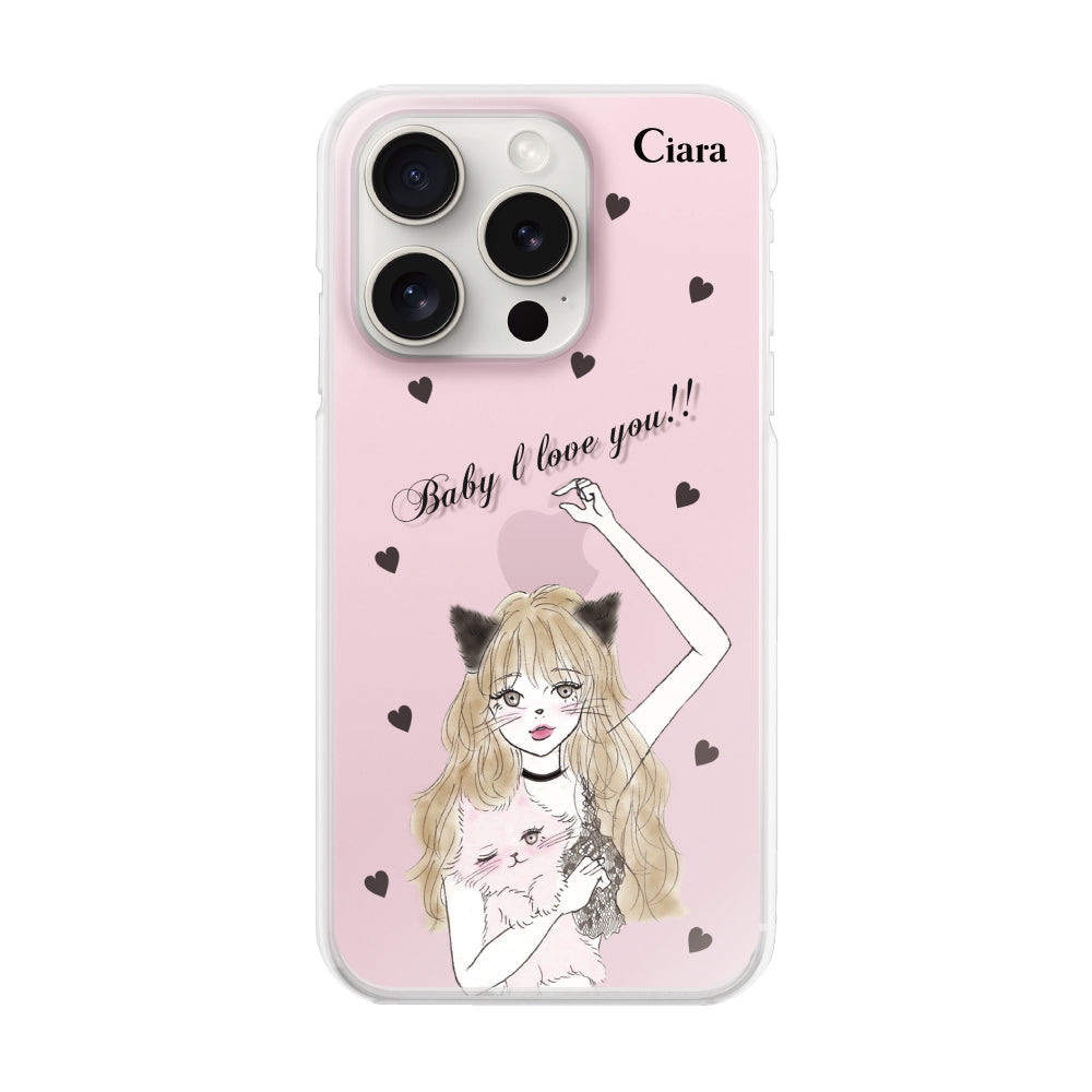 iPhone15ProMax ハイブリッド クリアケース ブラックキャットガール ピンク