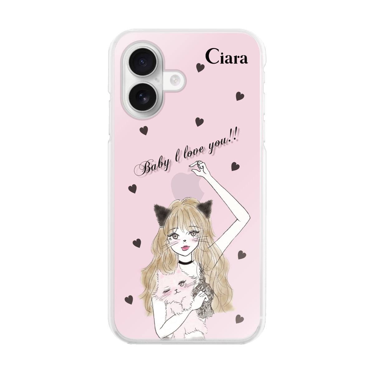 iPhone16 ハイブリッド クリアケース ブラックキャットガール ピンク