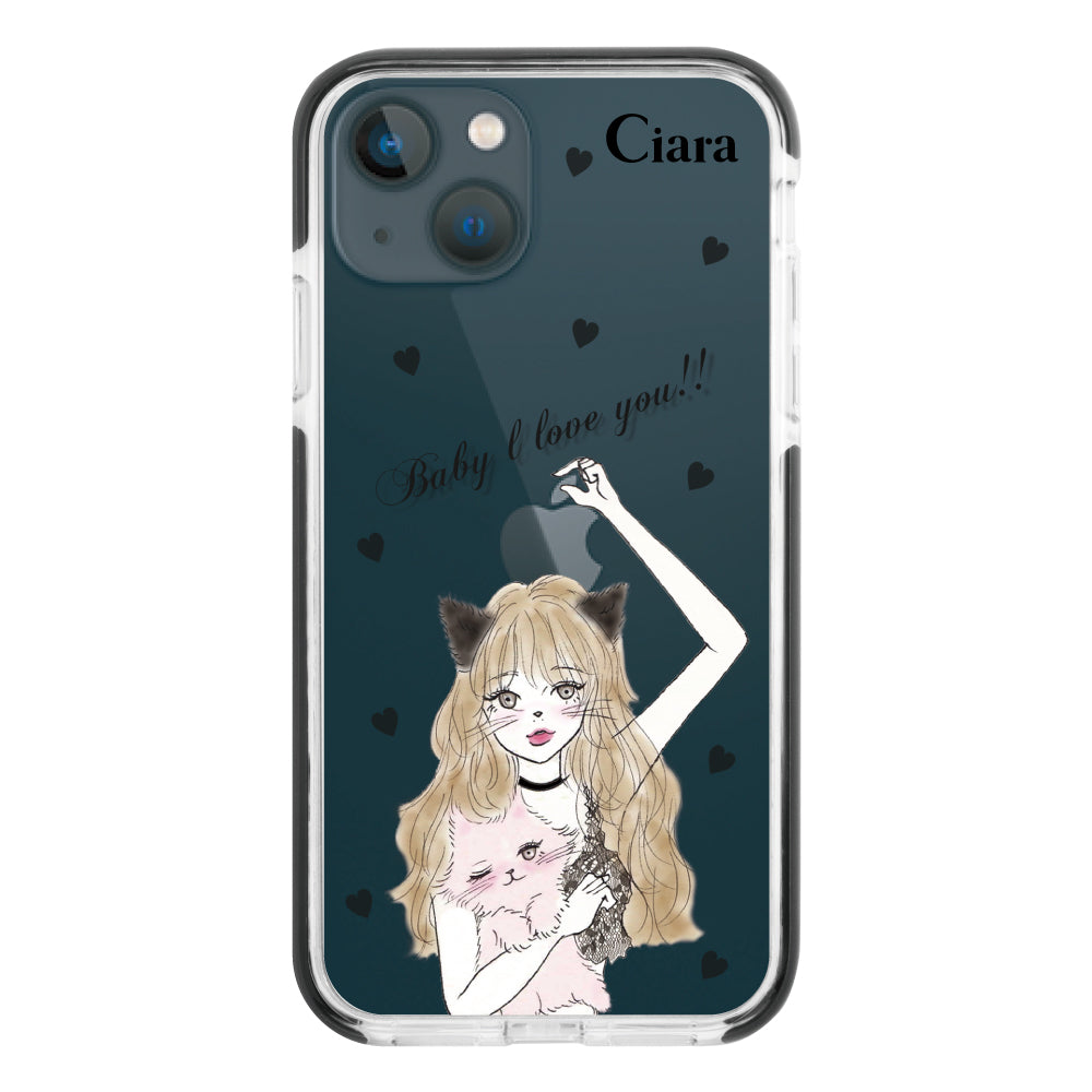 iPhone13miniケース クッションバンパー 耐衝撃クリアケース ブラックキャットガール ブラック