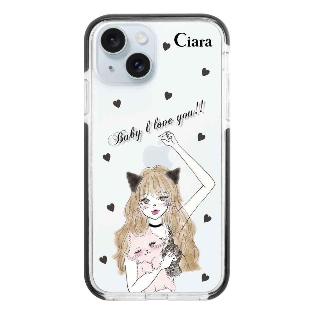 iPhone15Plus クッションバンパー 耐衝撃クリアケース ブラックキャットガール ブラック