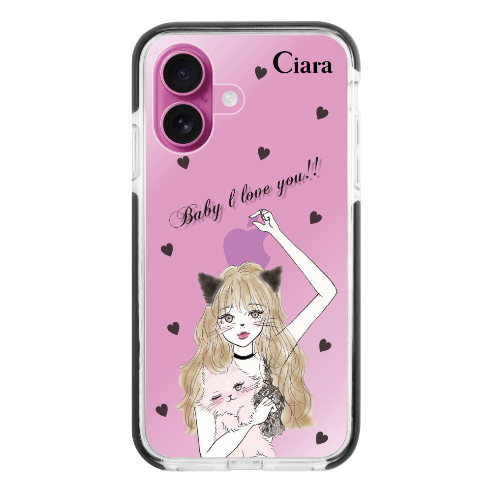 iPhone16Plusケース クッションバンパー 耐衝撃クリアケース ブラックキャットガール ブラック