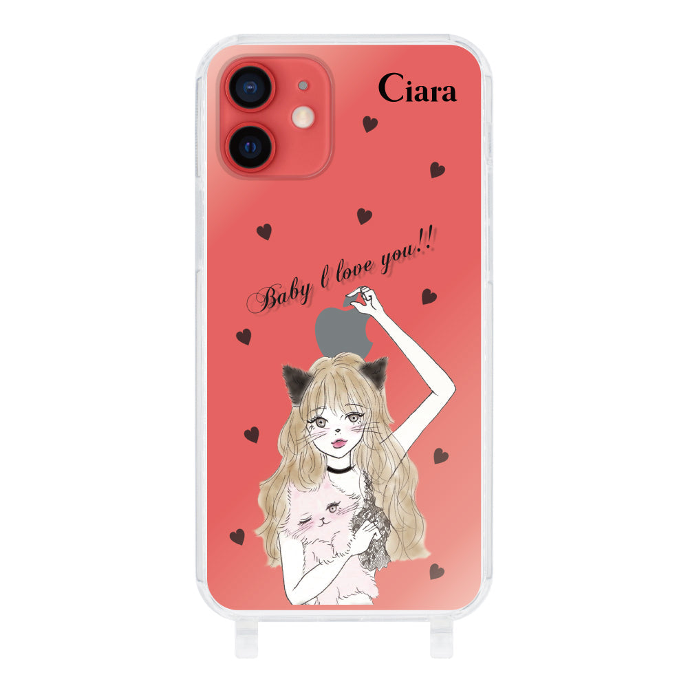 iPhone11ケース ストラップクリアケース ブラックキャットガール クリア