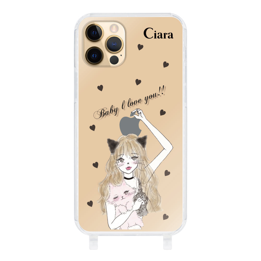 iPhone11Proケース ストラップクリアケース ブラックキャットガール クリア