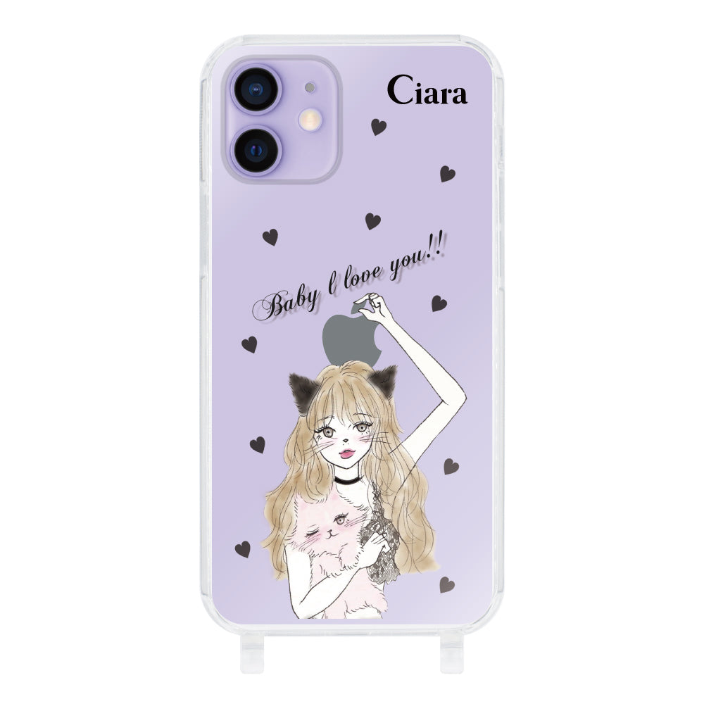iPhone12/12Proケース ストラップクリアケース ブラックキャットガール クリア