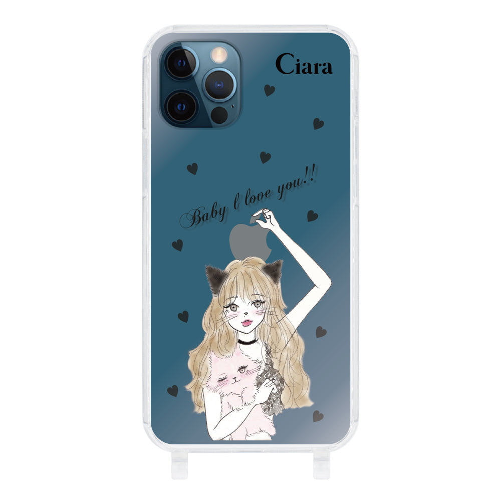iPhone12ProMaxケース ストラップクリアケース ブラックキャットガール クリア