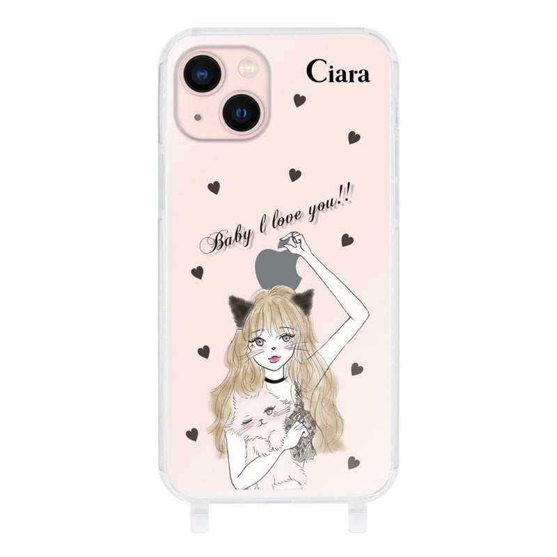 iPhoneケース ストラップクリアケース ブラックキャットガール