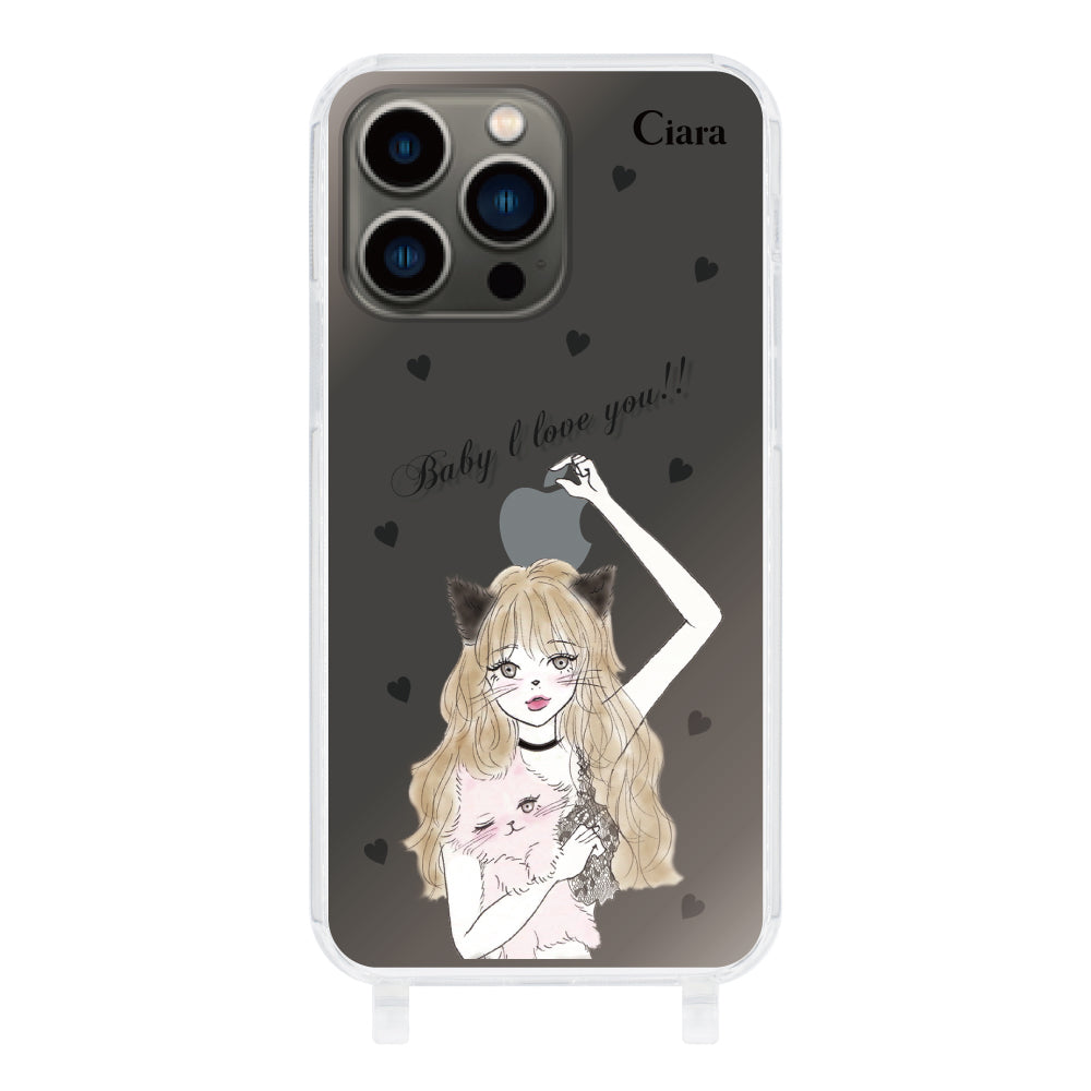 iPhone13Proケース ストラップクリアケース ブラックキャットガール クリア