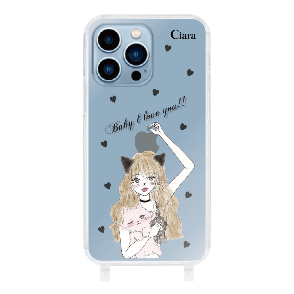 iPhone13ProMaxケース ストラップクリアケース ブラックキャットガール クリア