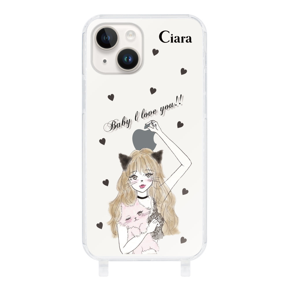 iPhone14ケース ストラップクリアケース ブラックキャットガール クリア