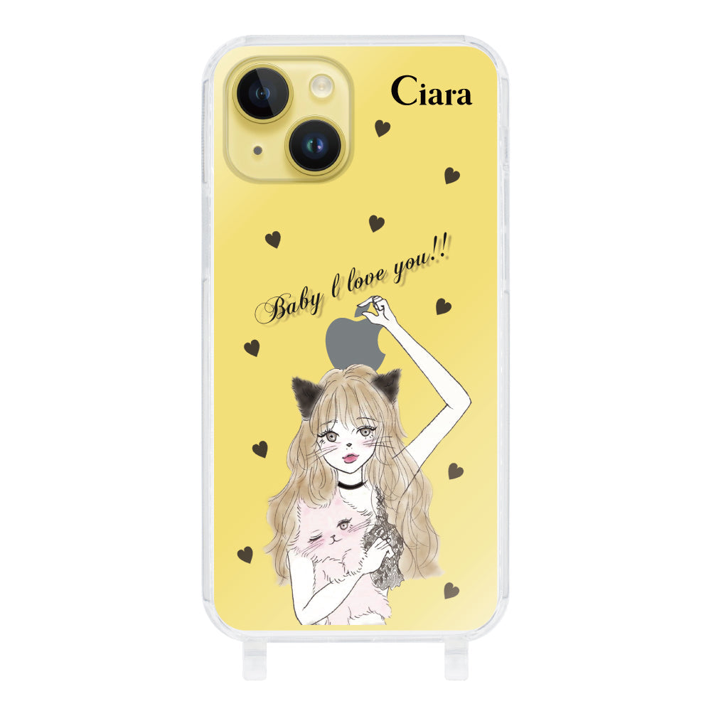 iPhone14Plusケース ストラップクリアケース ブラックキャットガール クリア