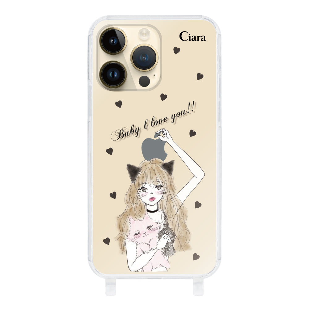 iPhone14Proケース ストラップクリアケース ブラックキャットガール クリア