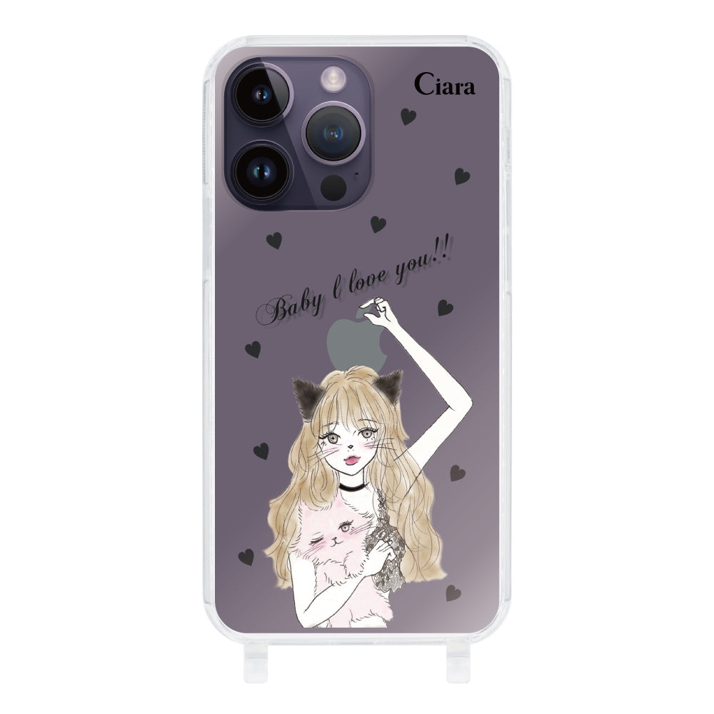 iPhone14ProMaxケース ストラップクリアケース ブラックキャットガール クリア