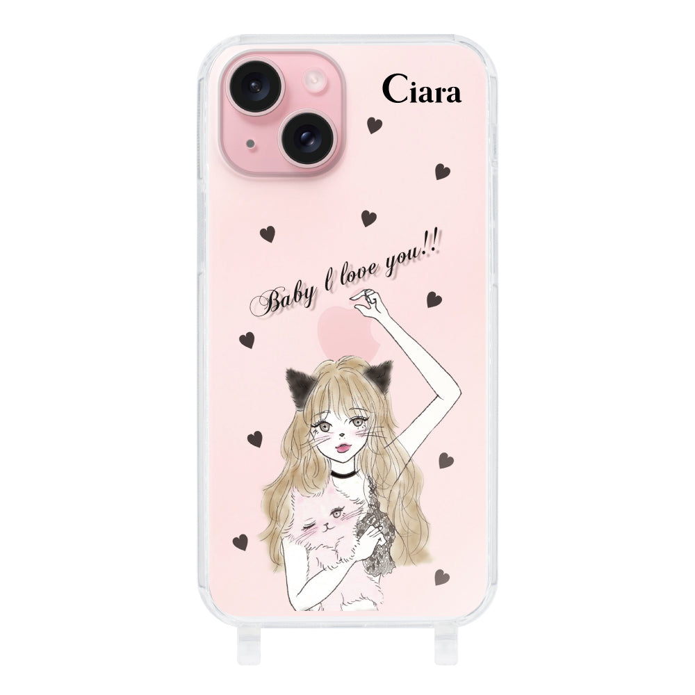 iPhone15ケース ストラップクリアケース ブラックキャットガール クリア