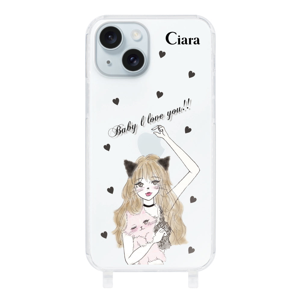 iPhone15Plusケース ストラップクリアケース ブラックキャットガール クリア