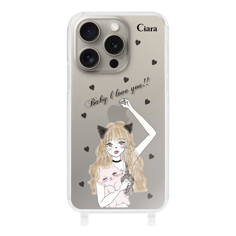 iPhone15Proケース ストラップクリアケース ブラックキャットガール クリア