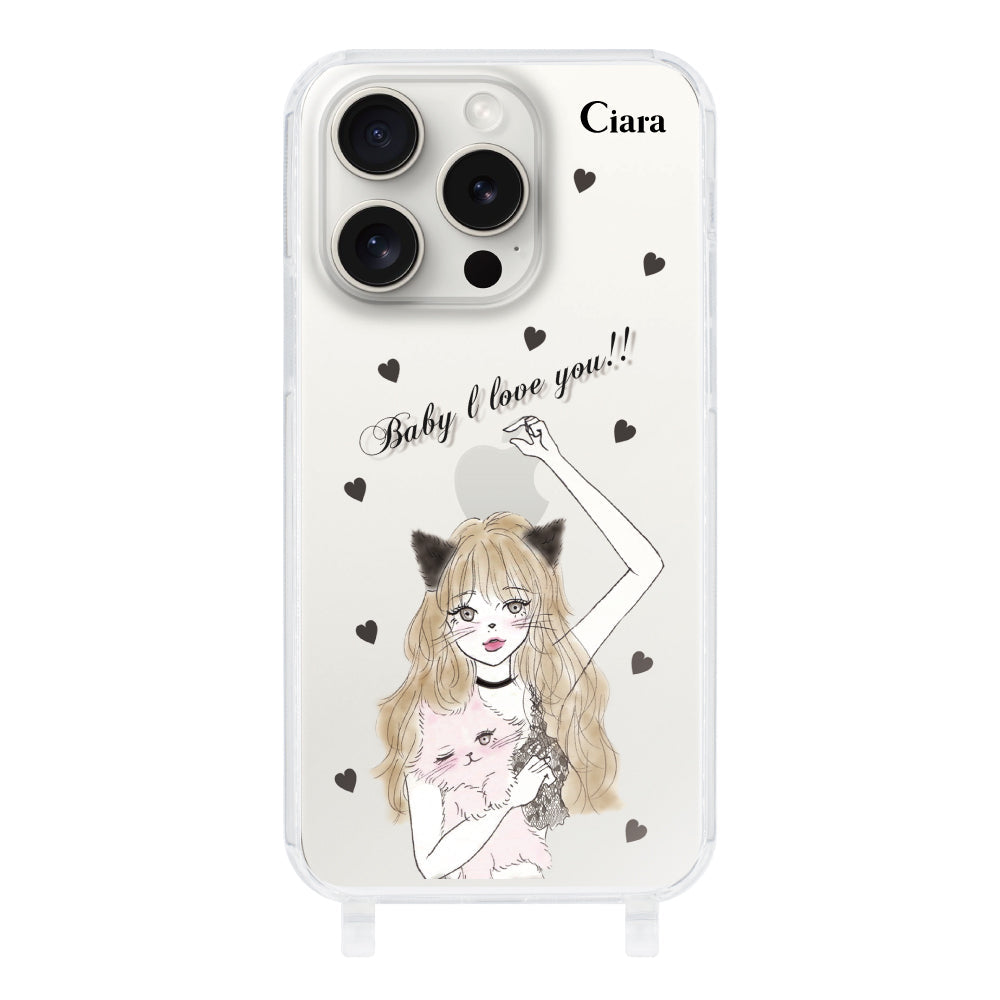 iPhone15ProMaxケース ストラップクリアケース ブラックキャットガール クリア