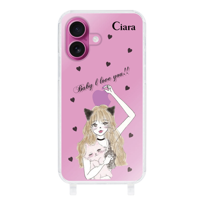 iPhoneケース ストラップクリアケース ブラックキャットガール