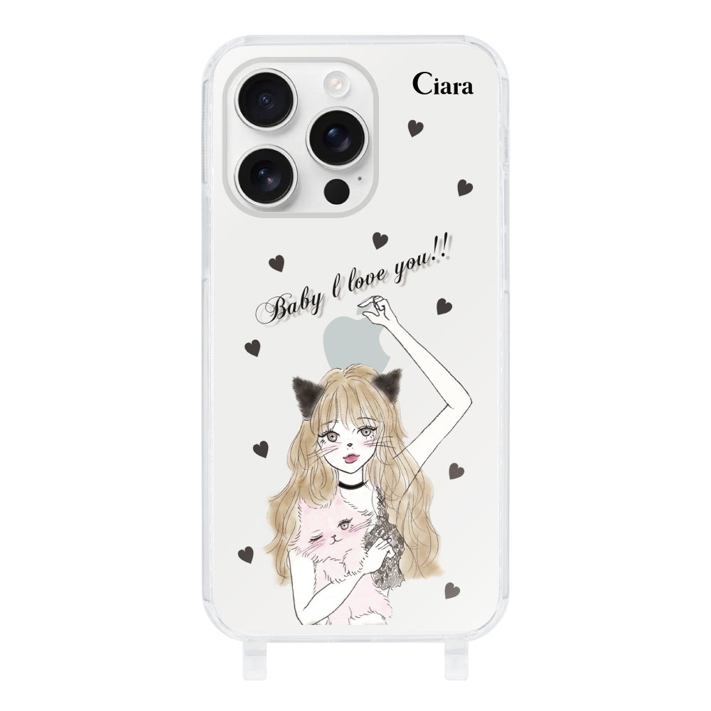 iPhone16ProMaxケース ストラップクリアケース ブラックキャットガール クリア