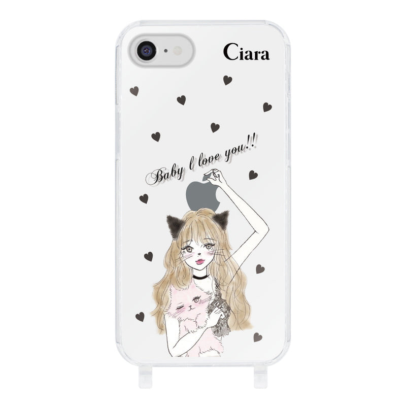 iPhoneケース ストラップクリアケース ブラックキャットガール