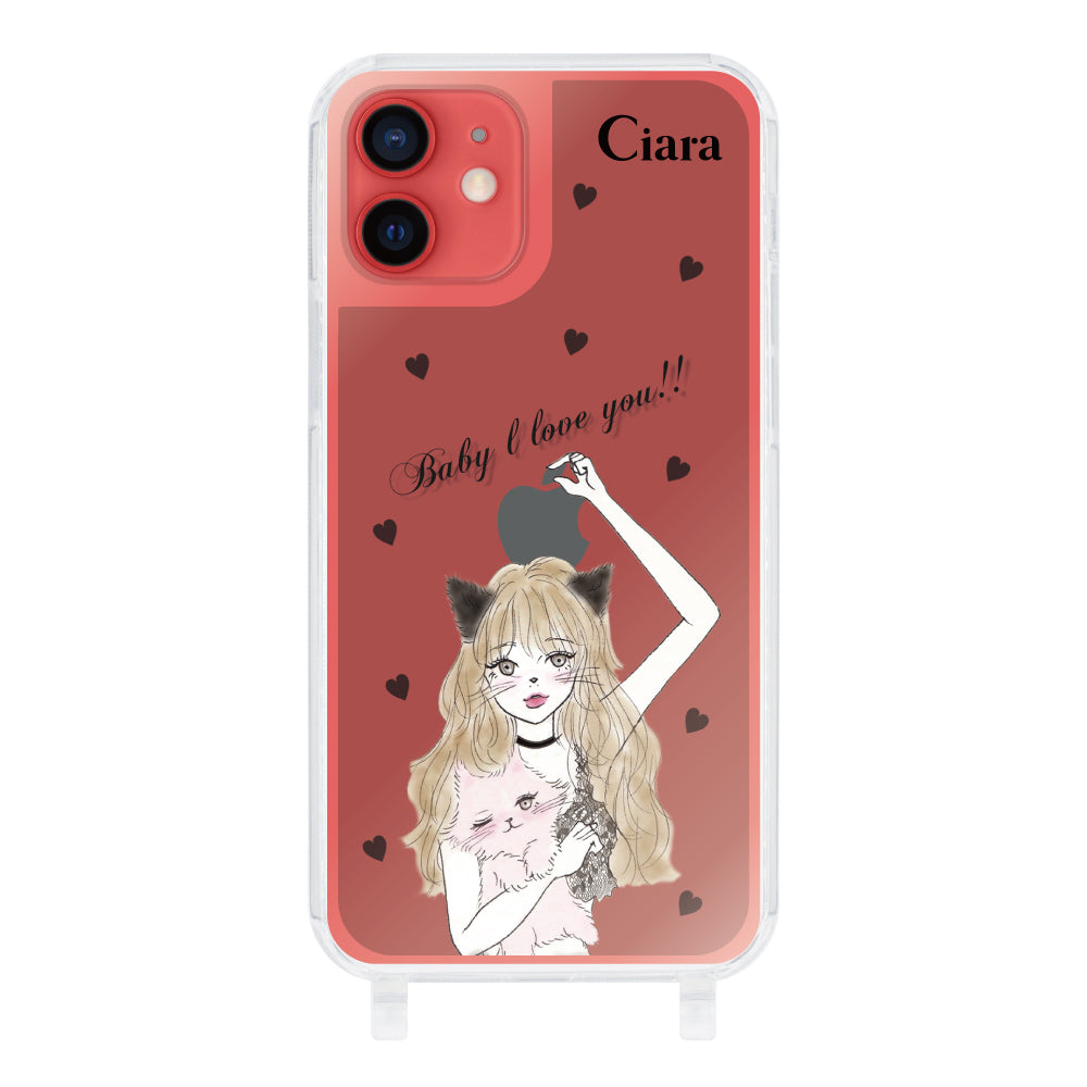 iPhone11ケース ストラップクリアケース ブラックキャットガール ブラック