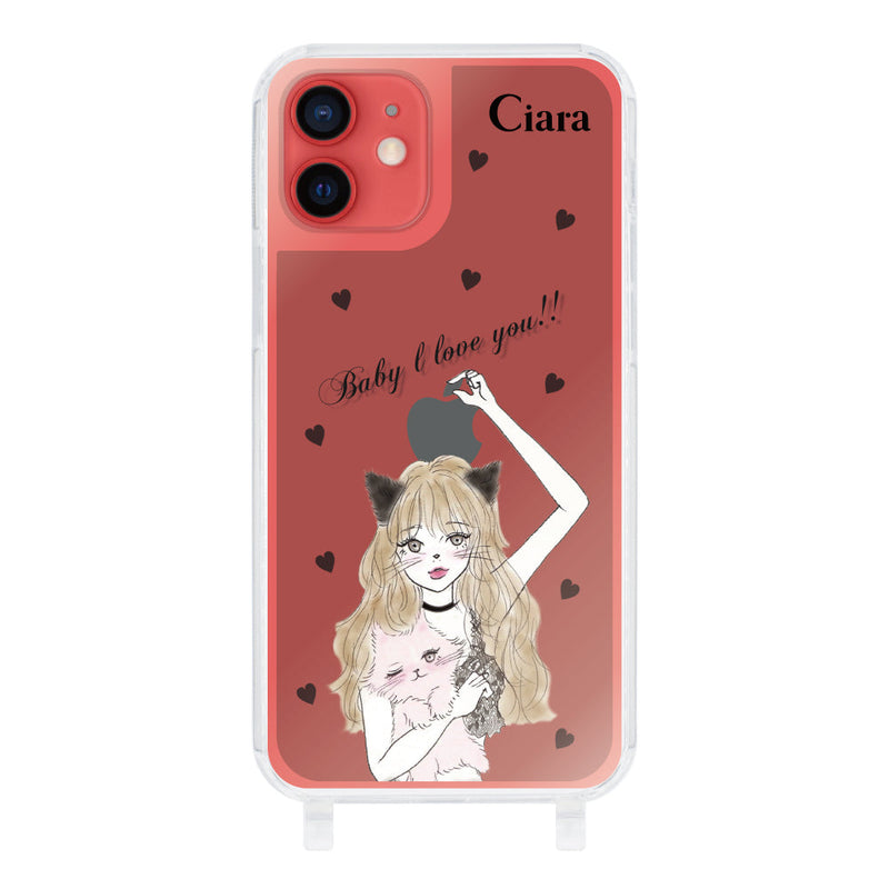 iPhoneケース ストラップクリアケース ブラックキャットガール