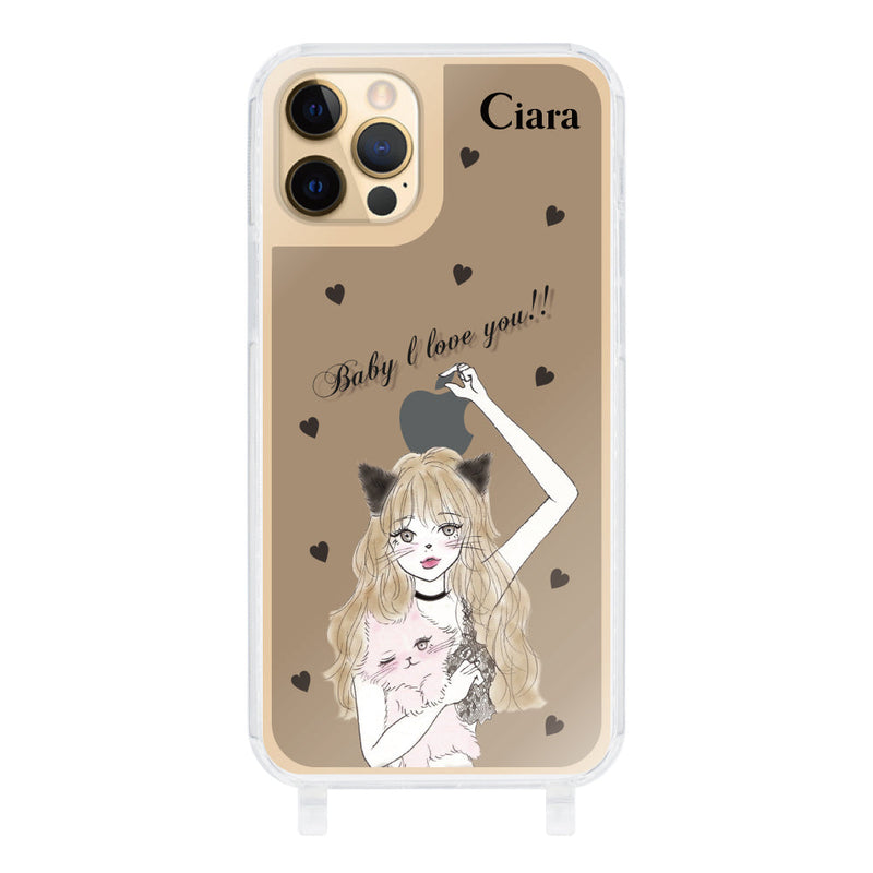 iPhoneケース ストラップクリアケース ブラックキャットガール