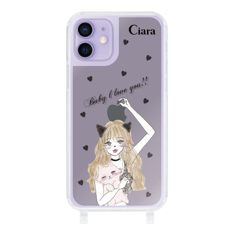 iPhoneケース ストラップクリアケース ブラックキャットガール