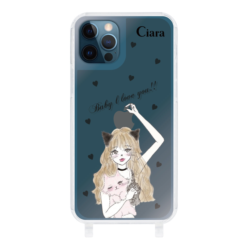 iPhone12ProMaxケース ストラップクリアケース ブラックキャットガール ブラック