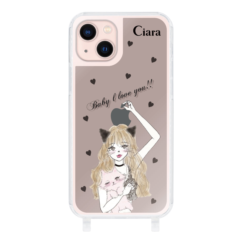 iPhone13ケース ストラップクリアケース ブラックキャットガール ブラック