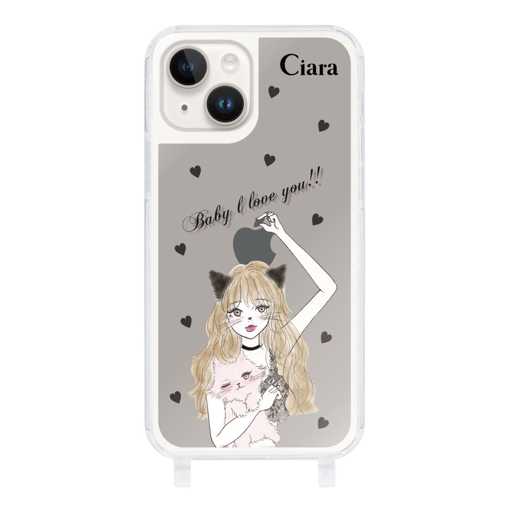 iPhone14ケース ストラップクリアケース ブラックキャットガール ブラック